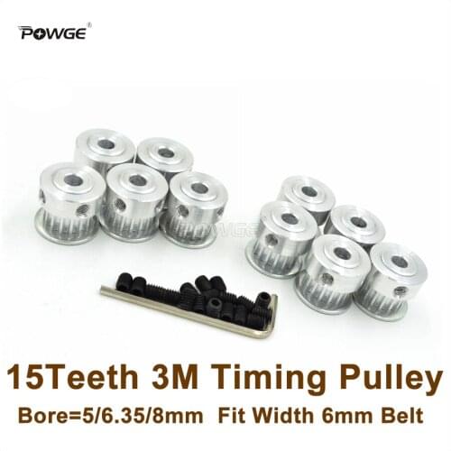 POWGE 50pcs 15Teeth 3M Timing Pulley Bore 5/6.35/8mm Fit Width 6mm HTD 3M Belt 15T 15 Teeth HTD3M Pulley CNC Engraving Machine