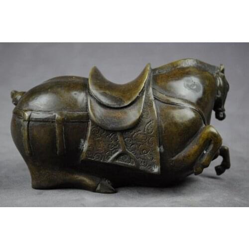 Rare Asian Statue Bronzes Sculptures Dynastie Qianlong CROUCH HORSE COPPER STATUE Free shipping