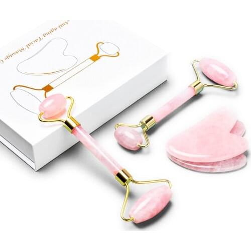 Rose Quartz Jade Face Roller Slimming Massager Face Lifting Natural Jade Stone Facial Massage Roller Skin Care Beauty Box Set