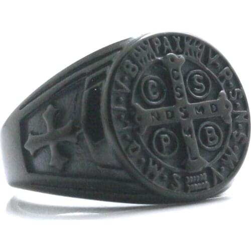 Saint Benedict of Nursia CSPB CSSML NDSMD Christianity Jesus Exorcism 316L Stainless Steel Black Ring