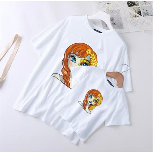 Family Matching Clothes Summer White O-neck Funny Disney Princess Cute Anna Printed Girls Tops Streetwear Family Outfits