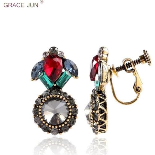 GRACE JUN Top Quality Vintage Rhinestone Crystal Geometric Shape Clip on Earrings for Women Elegant Screw No Pierced Earrings