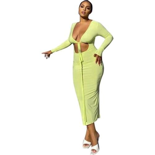 Sexy Party Club Bodycon Long Sleeve Dresses For Womens 2021 Summer Clothing Hollow Out V-Neck Maxi Dress Female Streetwears