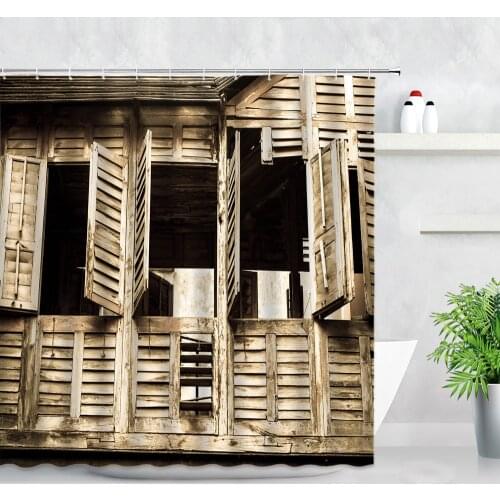 Vintage Old Wooden Door Windows Shower Curtains Waterproof Bathroom Decor Retro Building Wall Backdrop Fabric Bath Curtain Hooks