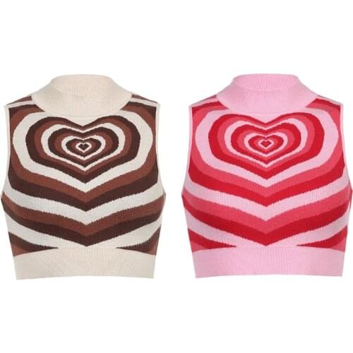 Women Summer Sleeveless Knitted Crop Top Sweet Contrast Color Heart Print Turtleneck Sweater Vest Harajuku Casual Slim Pullover