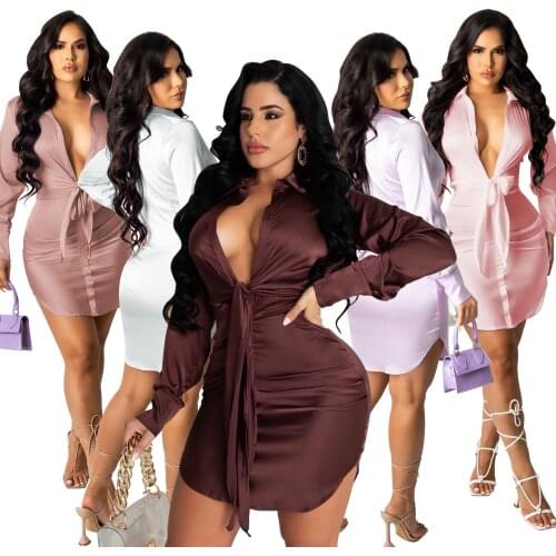 Elegant Satin Shirt Mini Women Dress 2021 Sexy Deep V Neck Lace Up Long Sleeve Bodycon Clubwear Party Slim Dress Clothing Robe
