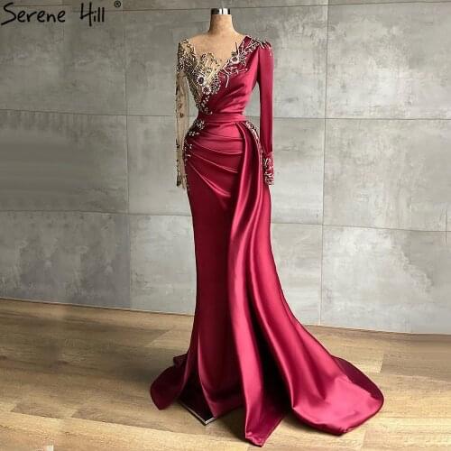 Serene Hill Burgundy Luxury Beaded Mermaid Evening Gown For Women 2021 Satin Long Sleeves Elegant Formal Party Dress CLA70990