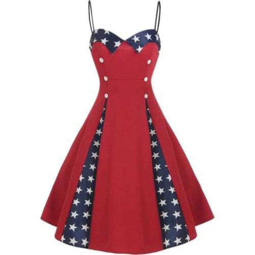 2021 new star print flag independence day strap dress elegant fashion slim retro hit color buckle pleated dress