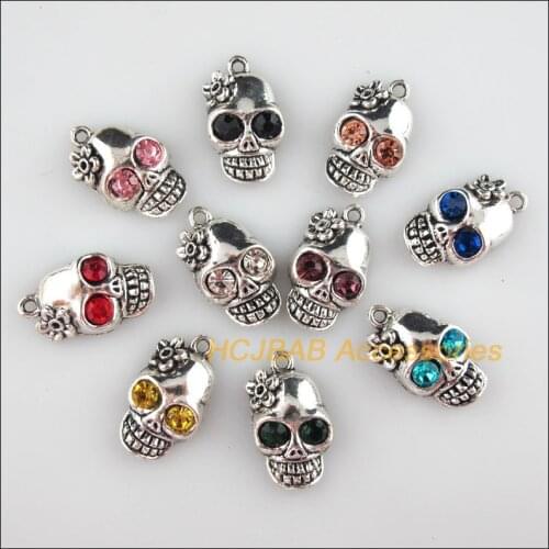 10 New Skulls Charms Retro Mixed Crystal Halloween Pendants Tibetan Silver Tone 13x22mm
