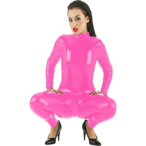 5XL 6XL 7XL Women Sexy Long Sleeves PVC Catsuit Faux Leather Latex Bodysuit Jumpsuit High Quality Glossy Cosplay Neck Catsuit