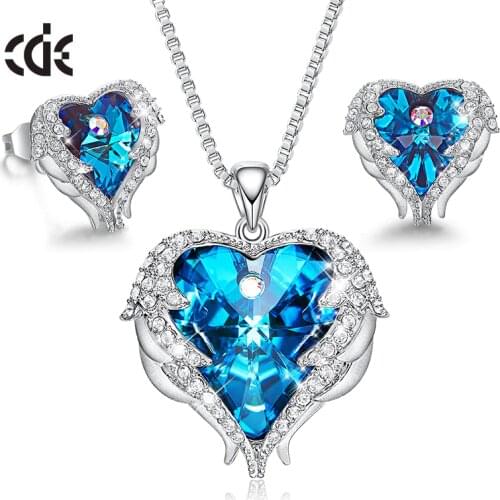 CDE Fashion Jewelry Sets for Women Angel Wings Heart Wedding Set with Crysta Pendant Necklace Stud Earrings
