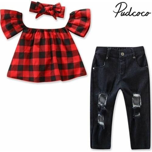 2-7T Toddler Kids Baby Girls Clothes set Summer Off Shoulder Lace Crop Top and Denim Pants Cute lovely Sweet Streetwear outfits