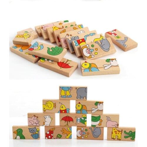 15pcs/Set Baby Animals Domino Building Blocks Cartoon Wooden Blocks Montessori Intelligence Toy for Children New Year Gift