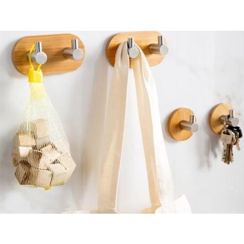 Wall Decoration Hooks Clothes Bag Key Hanger Adhesive Bamboo Stainless Steel Kitchen Bathroom Door Towel Holder