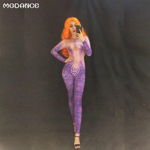 New Woman Nightclub Dj Costume Dancer Stage Wear Costome Performance Party CelebratePurple 3D Printing Snake Jumpsuit