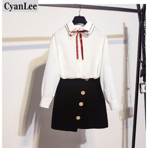 Cyanlee 2020 Autumn 2 Piece Shirt Skirts Set Womens Double Neck Bow Long Sleeve Shirt + Button Asymmetry Corduroy Skirt Set