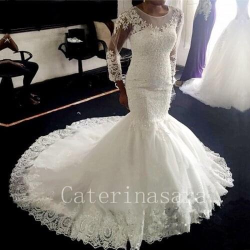 Lace Beads Scoop Neck Long Sleeves Mermaid Wedding Dress High Quality Bridal Gown Custom Made