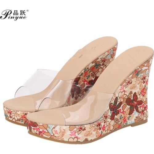 Summer Fashion High Heel Wedge Slippers PVC Clear Transparent Shoes Woman Platform Wedges Comfortable Crystal Sandals Sexy 11CM