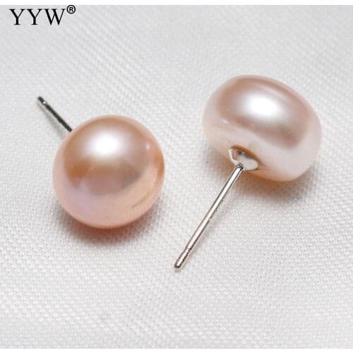 Real Pink freshwater pearl stud earrings, natural pearls earrings for women size 10-10.5mm