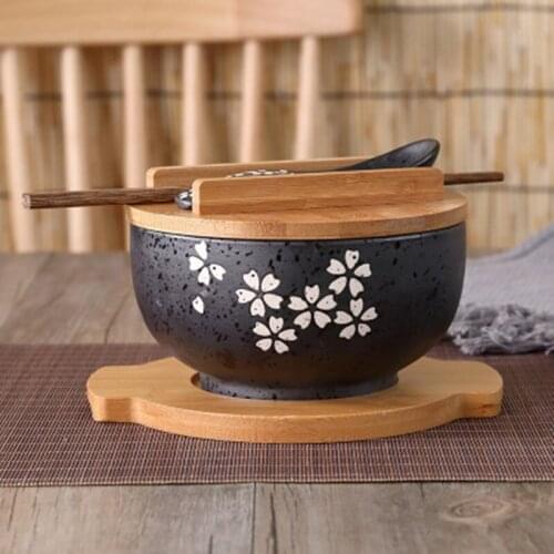 SHGO HOT-Japanese Bowl Instant Noodles Tableware Dining Room Tableware Salad Ceramic Bowl Bring Wooden Spoon Wooden Chopstick