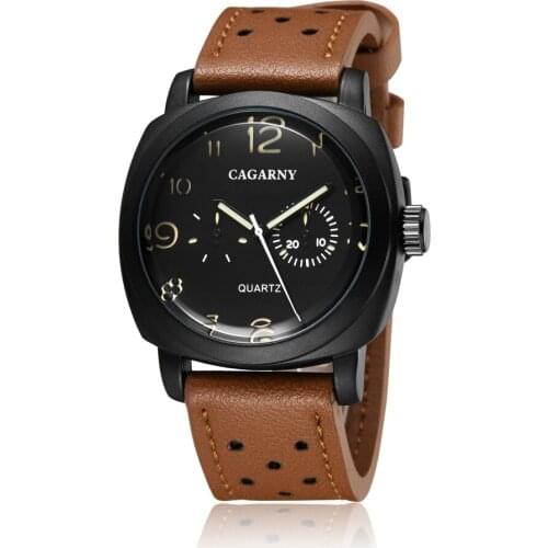 Cagarny Sports Luxury Clock Hour Quartz Watch Black Dial Mens Brown Leather Wristwatch Military Relogio Masculino Orologi Uomo