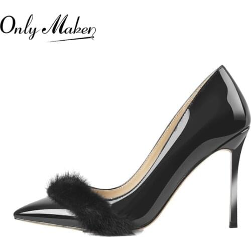 Onlymaker Womens Shoes Pointed Toe Black Nude 10CM Metal heel Thin Heels Pumps Patent Leather Shoes Lady Big Size
