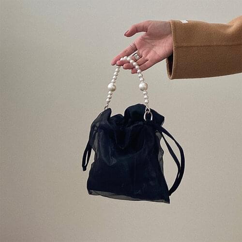 Vintage Girly Mesh Purse Handbags Pearl Chain Women Small Shoulder Messenger Bags Fashion Design Ladies Drawstring Storage Bag