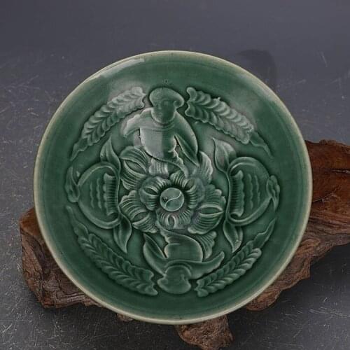 Green glaze carved doll pattern bowl made of Jizhou kiln in Song Dynasty as old cultural relics