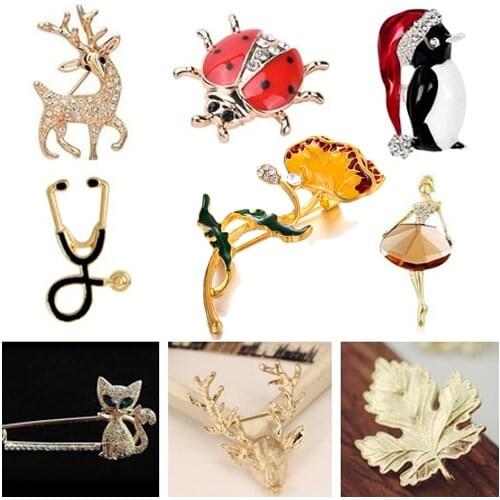 Sika Deer Ladybug Cat Girl Leaf Pin Enamel Crystal Flower Animal Brooch For Women Girl Scarf Suit Collar Lapel Pin Jewelry Gift