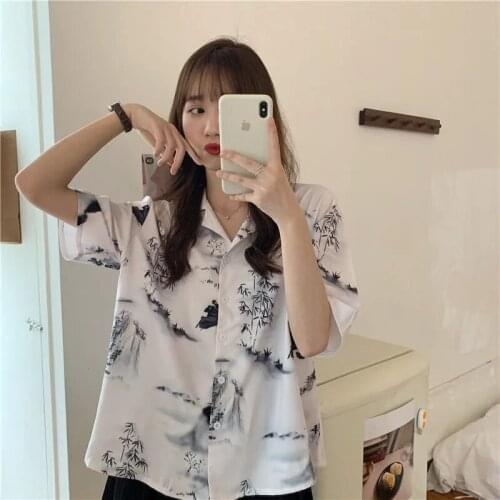 Chinese Ink painting Short Sleeve Women Shirt Chic Oversize Ladies White Blouse 2021 Summer Button Up Loose Female Clothing Tops