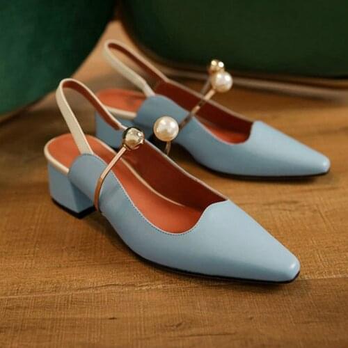 Pearl Sandals Womens 2021 Spring And Summer Leather Shoes Thick Heel Aquare-Heel Designer French Style Temperament Mules