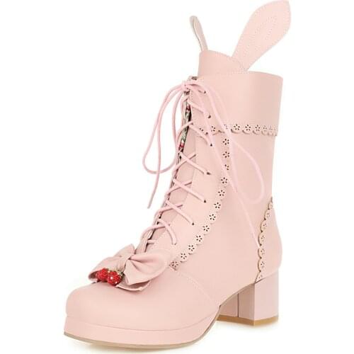 Girls Lolita Snow Boots Shoes Sweet Bow Round Toe Woman Winter Square PU Leather Platform Princess Style Ankle Boots Plus Size