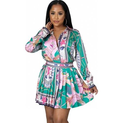 2 Pieces Set Sexy Autumn Fashion Women Set 2021 Female Tops Floral Print Long Sleeve Shirt Blouse And Pleated Mini Skirts