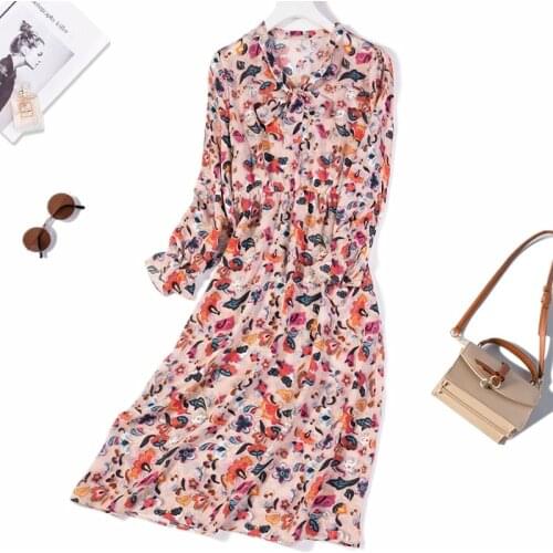 Womens 100% Mulberry Silk Bow-tied neck Long Sleeve Floral Printed Long Dress L XL JN620