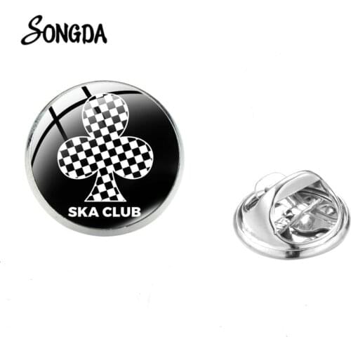 Ska Club Lapel Pin Badge Old-fashion Black and White Squares Retro Printed Glass Gem Butterfly Buckle Pin Brooch Music Fans Gift