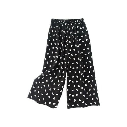2020 New Summer Garment Silk Black-and-White Loving Printed Tight Waist Broad-legged Pants Leisure Seven-cent Pants