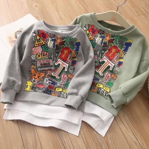 2021 Spring Autumn 3 4 6-10 12 Years Child Hoodies O-Neck Graffiti Print Fake 2 Pcs Patchwork Sweatershirts For Kids Baby Girls