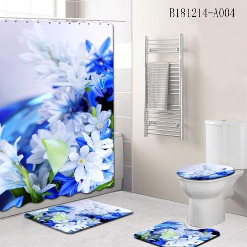 4 Pcs flower 3D printed Shower Curtain/Bath Mat/Toilet Pad Set Character Pattern Anti-slip Toilet Carpet Flannel Bath Mat