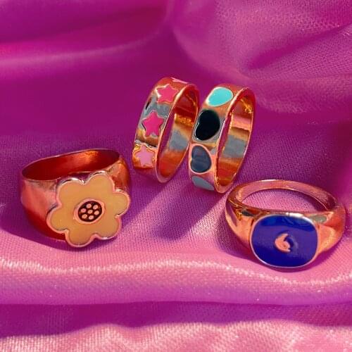 4Pcs Simple Flower Heart Star Rings For Women Creative Design Cute Multi Beaded Round Finger Rings 2021 Sweet Jewelry Gift