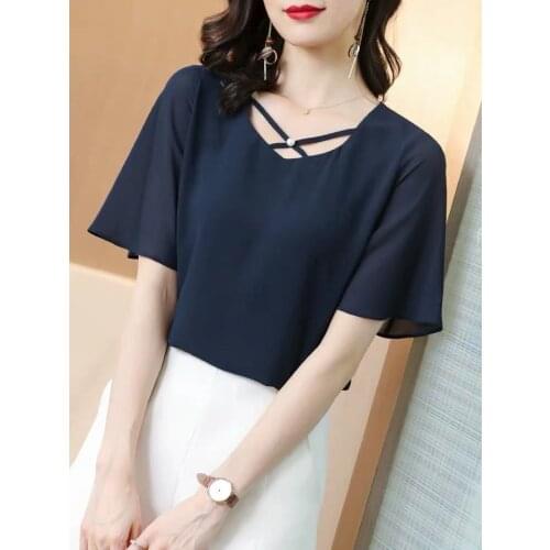 New 2021 Summer Women lace up chiffon Blouses Vintage short Sleeve pearl button Female Shirts Blusas Chic Tops plus size 6XL 7XL