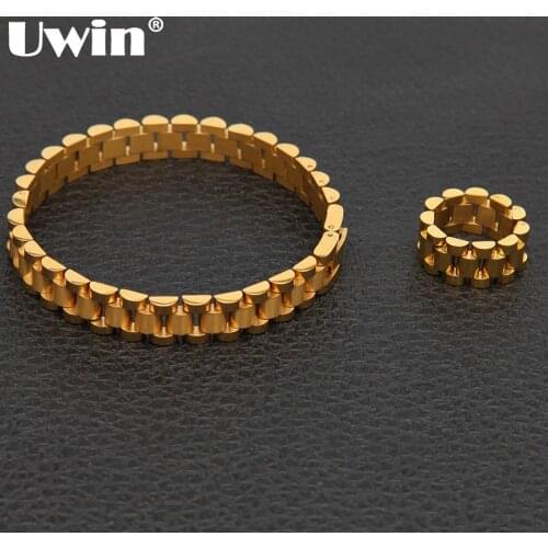 Uwin 10mm Wristband Link Bracelet And 10mm 8-12 Adjustable Size Ring Stainless Steel Silver Color Bracelets/Rings Set