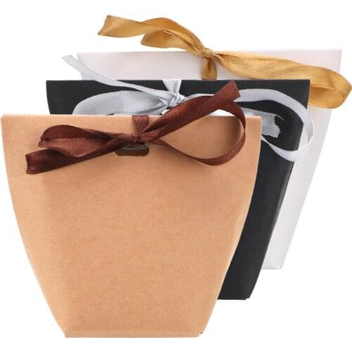 Blank Kraft Paper Bag Wedding Favors Gift Box Package Birthday Party Decoration Bags With Ribbon 50pcs White Black Candy Bag