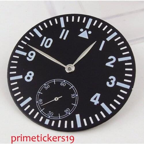 38.9mm black sterile dial+silver color hands blue numbers fit for ETA 6498 hand winding movement