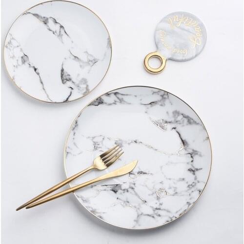 European Golden Edge Marble Golden Plate Dinner Plate Steak Dish Dessert Plate White Ceramic Tableware Dinner Porcelain Plate