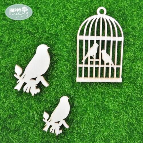 Happymems Wood Shape Birds 24pcs/lot Birdcage Mixed Classical Vintage DIY Craft Home Decorations Embellishments Scrapbooking