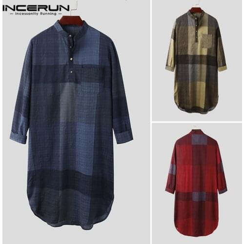 INCERUN Muslim Men Islamic Kaftan Long Sleeve Stand Collar Cotton Plaid Vintage Casual Robes Streetwear Caftan Men Jubba Thobe