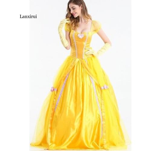 Halloween Beauty and the Beast Cosplay Costumes Adult Belle Princess Dresses For Women Anime Party Flower Yellow Long Dress