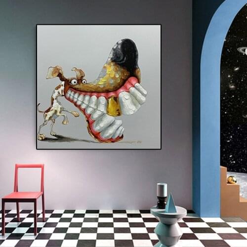 Creative Big Mouth Golden Tooth Dog Canvas Painting Cartoon Animal Art Posters Prints Wall Pictures Living Room Home Decoration