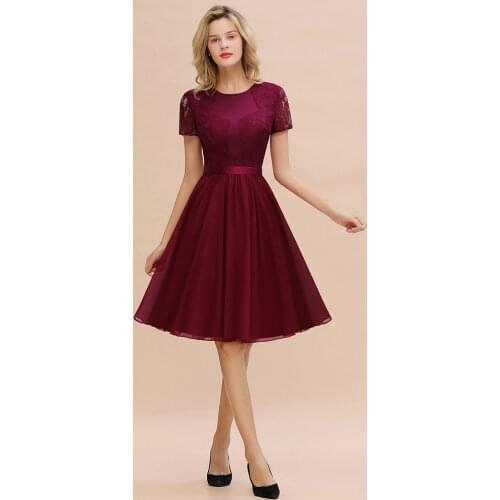 Burgundy Lace Short Bridesmaid Dresses 2019 A line Wedding Party Guest Gown Scoop Neck Sleeved vestido madrinha