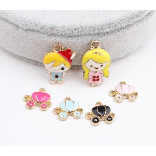 Kawaii Boy Girl Enamel Alloy Charm Pendants Gold Tone Plated Princess Pumpkin Carriage Car DIY Jewelry Bracelet Charms
